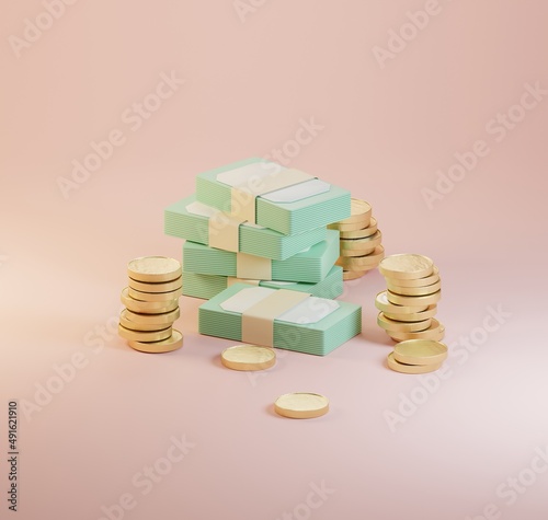 stack of coins with money on pasterl backgound,3D illustration photo