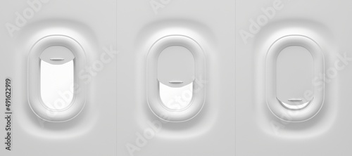 Aircraft windows, front view. Realistic set airplane porthole with open, ajar and closed curtain for passenger safety. Mockup of plane interior with illuminator of plastic and plexiglass, 3d render