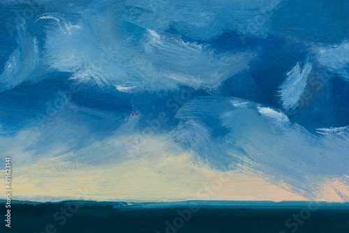 Fototapeta Naklejka Na Ścianę i Meble -  Blue background oil paint. Beautiful brushstrokes close-up. Textured abstract sea background. Oil painting on cardboard and canvas. Conceptual abstract sky, water, sunset. Layout for postcard design