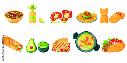 Fototapeta Naklejka Na Ścianę i Meble -  Mexican food set on white background. National food illustration in cartoon style.