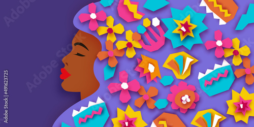 Female portrait with paper cut flowers. Happy Women's day. Happy Mother's Day. Abstract Hand drawn paper cut floral shapes. Trendy contemporary art. 8 March. Spring. Paper art work. Very peri color.