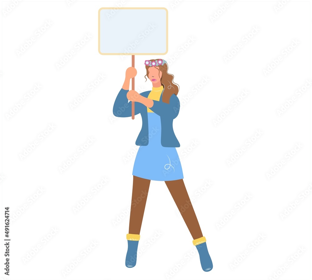 Ukrainian girl in the colors of the Ukrainian flag holds a poster, with space for text. World peace. No war. The concept of support for the Ukrainian people. Vector flat illustration. Ukrainian girl in the colors of the Ukrainian flag holds a poster, with space for text. World peace. No war. The concept of support for the Ukrainian people. Vector flat illustration.