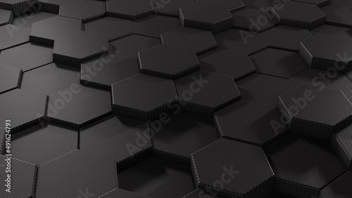 Abstract background of carbon hexagons. Polygonal dark surface. The concept of futuristic technology. Geometric shapes. Big data. 3d rendering