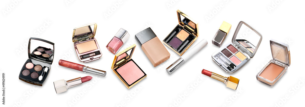 Horizontal set of makeup goods against white background with a soft shadow. Useful for banner. - obrazy, fototapety, plakaty 