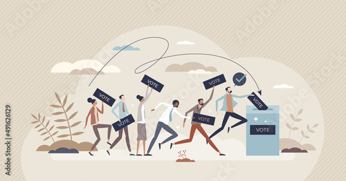 Voting people for candidates as democratic process tiny person concept. Presidential government with election selection vector illustration. Politic ballot with various options decision. Citizen duty.