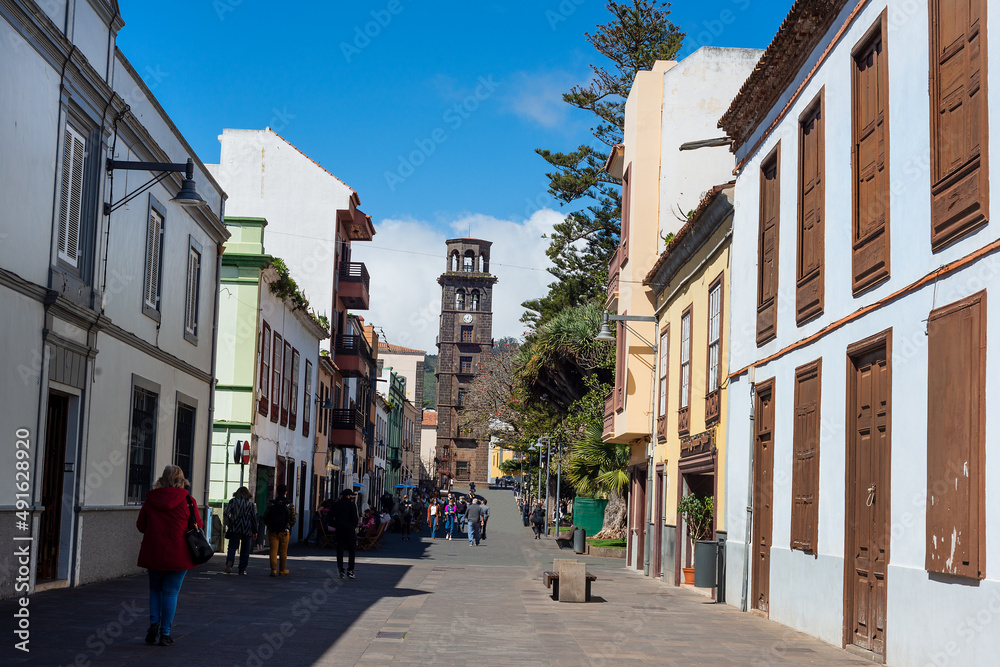 Street with historic buildings in La Laguna city  in Tenerife. Canary Islands.