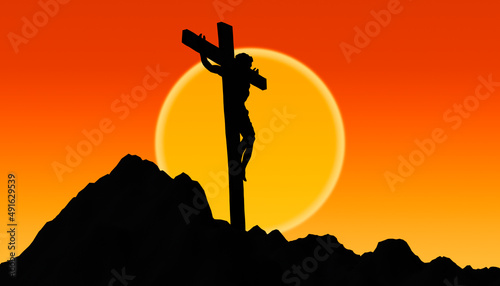Fotografija Jesus Christ crucified on the cross at Calvary hill illustration