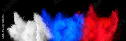 colorful russian flag white blue red color holi paint powder explosion isolated black background. russia ukraine conflict war freedom concept