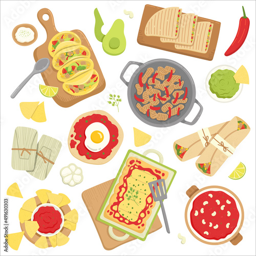 Mexican food set with different dishes, vector