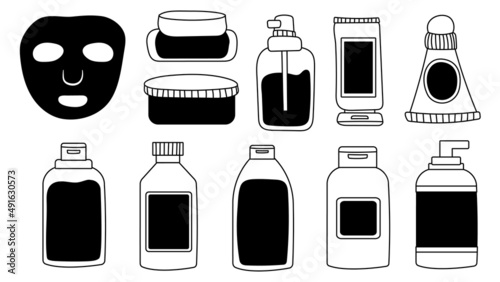  A set of bottles and tubes of cosmetics, jars for skin care with face, hair and body cream. Trendy style for postcard, banner, wrapping paper template. Vector illustration editable stroke.