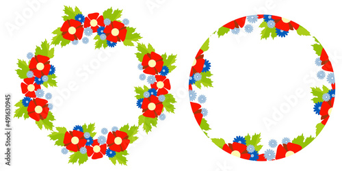 Set of round frames with floral pattern. decorative red poppies and mallows and blue cornflowers with place for text in center. Vector illustration For design, decor, projects and postcards