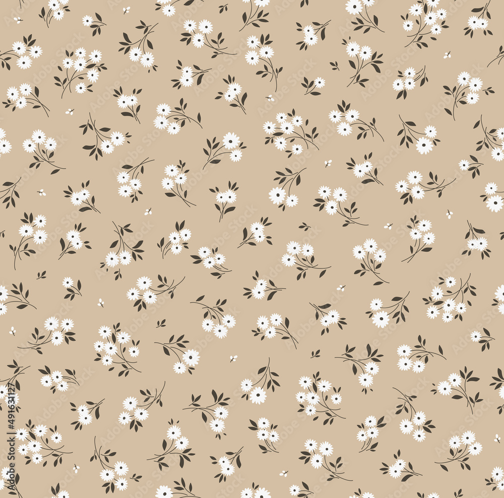 Vintage floral background. Floral pattern with small white flowers on a  light brown beige background. Seamless pattern for design and fashion  prints. Ditsy style. Stock vector illustration. Stock Vector | Adobe Stock