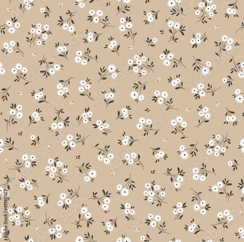 Fototapeta Naklejka Na Ścianę i Meble -  Vintage floral background. Floral pattern with small white flowers on a light brown beige background. Seamless pattern for design and fashion prints. Ditsy style. Stock vector illustration.