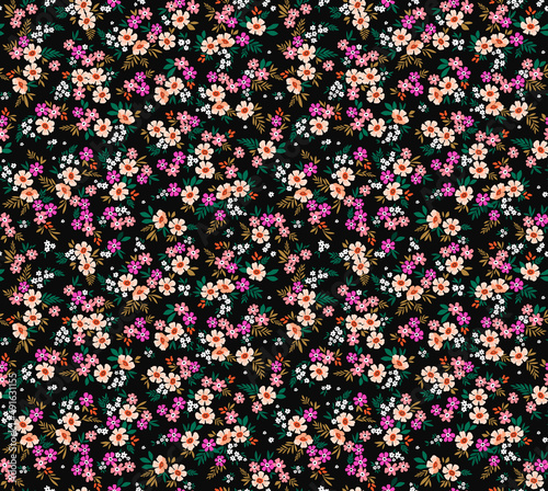 Vintage floral background. Floral pattern with small colorful flowers on a black background. Seamless pattern for design and fashion prints. Ditsy style. Stock vector illustration.
