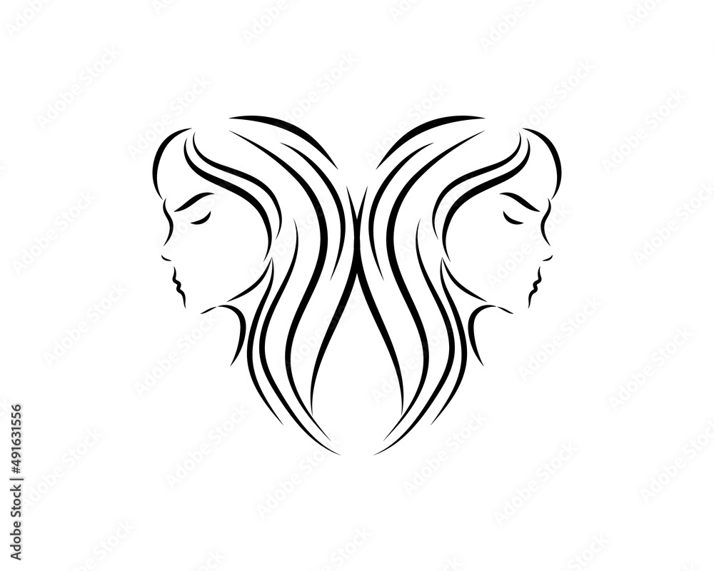 Abstract vector of a girl-woman. Black and white line .The zodiac sign is Gemini. For logos, emblems, badges, label templates, tattoos.Isolated on a white background