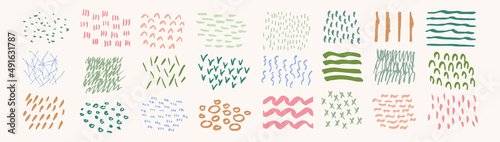 Set of color pencil paint scribble or crayon abstract banner. Organic spring shape, childish doodle vector illustration isolated white background. Graphic texture element for header, fabric, cover
