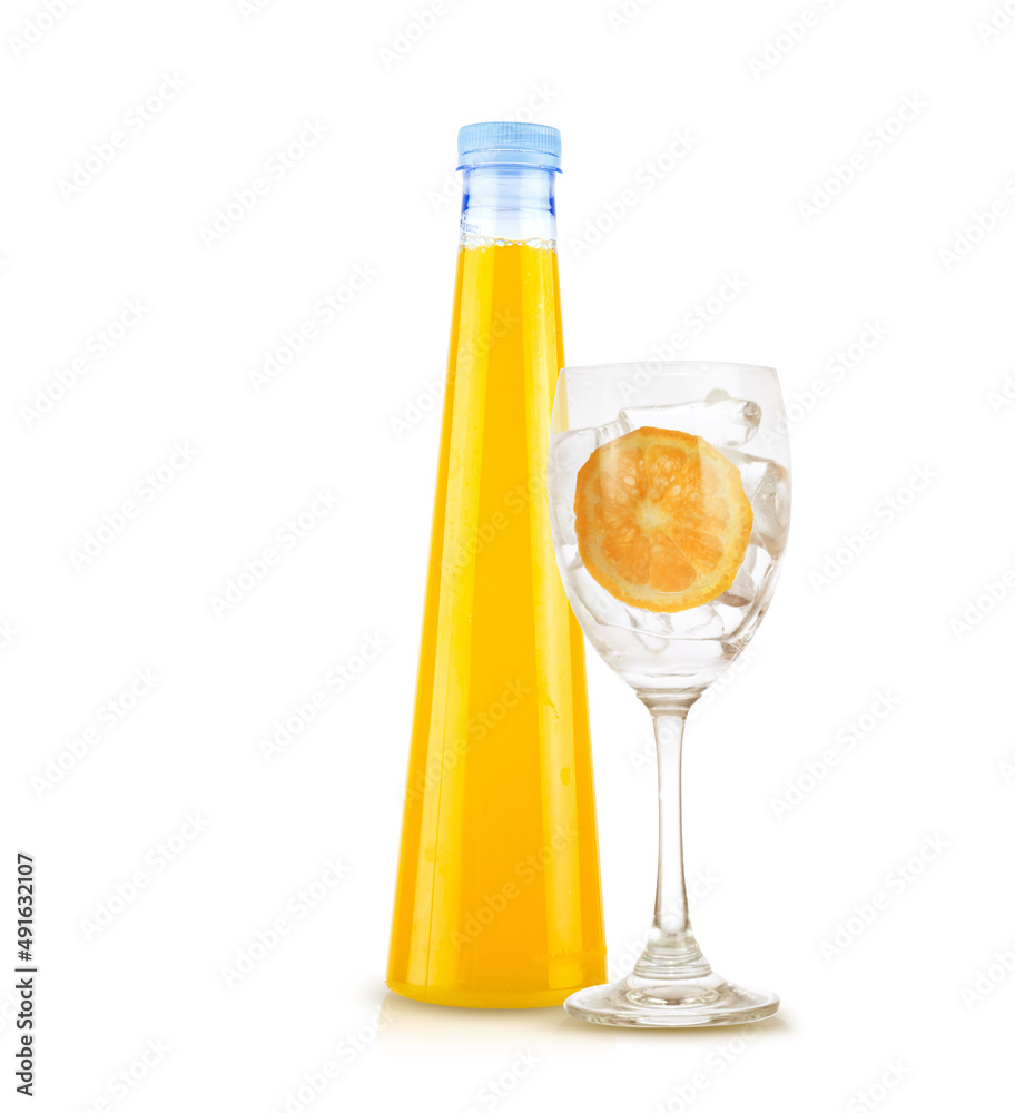set orange with orange juice bottle in empty glass and ice set orange with orange juice bottle in empty glass and ice