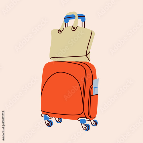 Big luggage bag with shopper bag on it. Suitcase, baggage, travel bag. Vacation, travel, holiday concept. Hand drawn Vector trendy illustration. Cartoon style. Flat design
