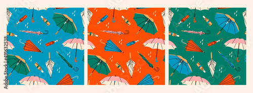 Different umbrellas in various positions. Open and folded umbrellas. Hand drawn colored Vector illustrations. Cartoon style. Set of three Square seamless Patterns. Colorful background, wallpaper