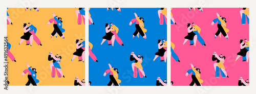 Couples hugging and Dancing. Cartoon characters. Abstract people with small heads in dance movement. Dating, love, relationship, flirting, fun, passion concept. Hand drawn Vector seamless Patterns