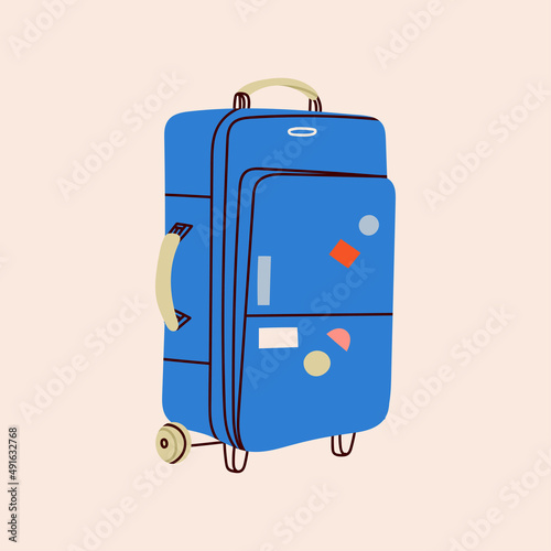 Big blue luggage bag on wheels with stickers. Suitcase, baggage, travel bag. Vacation, travel, holiday concept. Hand drawn Vector trendy illustration. Cartoon style. Flat design