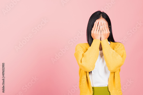 Asian portrait beautiful young woman in depressed bad mood her cry close face by Fototapet