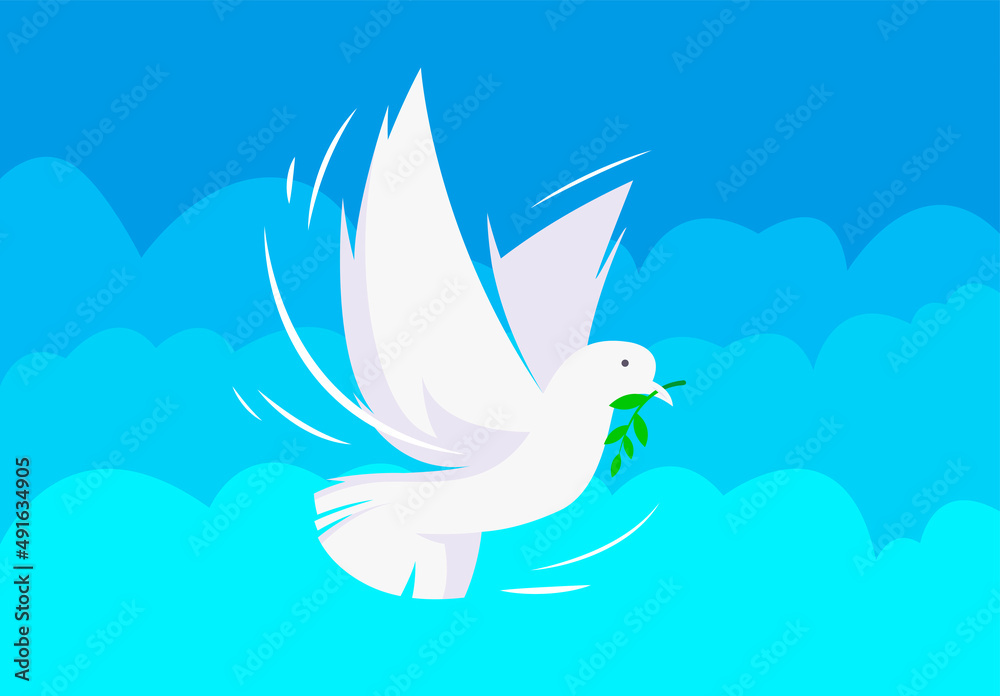 Fototapeta premium vector illustration of a white pigeon with a green branch on a blue sky background