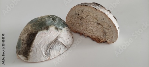 Moldy inedible food. Moldy pastry on a light-gray background. Bakery products damaged by fungus. 
