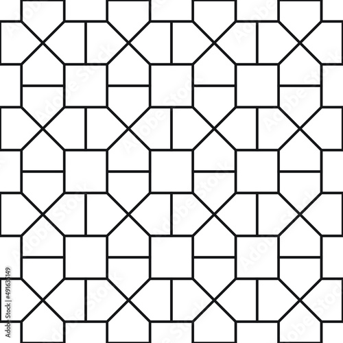 Octagon and squares repeat straight lines grid pattern in black outline on a white background, geometrical vector illustration