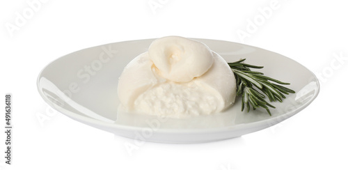 Delicious burrata cheese with rosemary on white background
