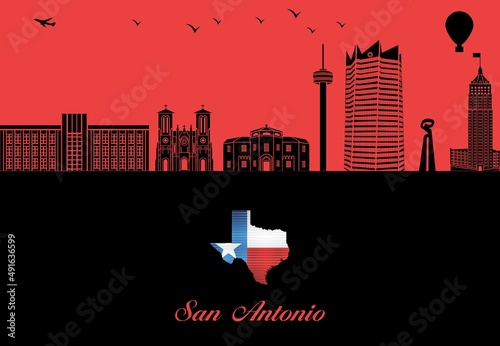 San Antonio city skyline silhouette - illustration, 
Town in Red background, 
Map of Texas
