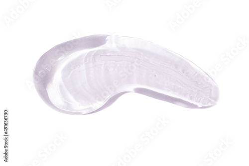 Clear gel swatch on the white background. Transparent texture. Serum, emulsion, aloe vera extract, moisturizer or sanitizer isolated on white. Beauty concept. photo