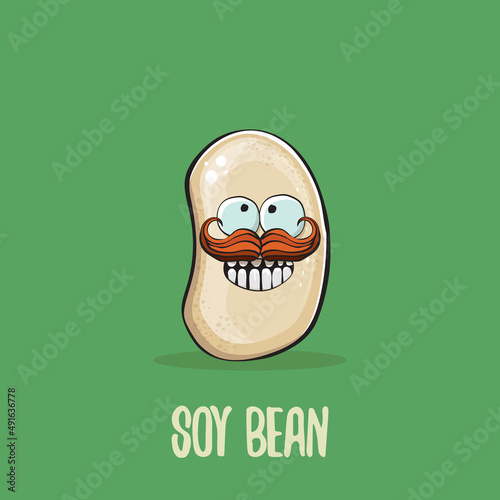 vector funny cartoon cute soybean character isolated on green background. Japan Kawaii soy food funky character. Soybean cartoon illustration
