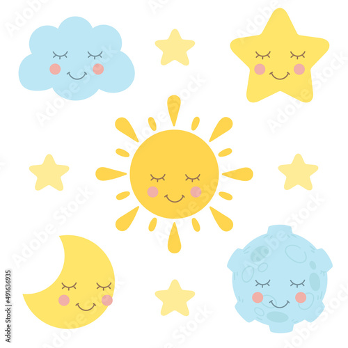 Sleep night space clipart. Bedtime flat icons set isolated vector