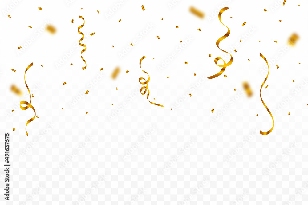 Golden confetti isolated on transparent background. Confetti vector for the carnival background. Golden party ribbon and confetti falling. Birthday party celebration. Festival elements.