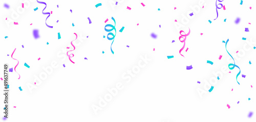 Colorful confetti and ribbon falling vector. Simple confetti and ribbon falling isolated on white background. Festival elements vector. Anniversary and birthday celebration element.