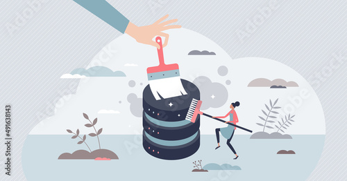 Data cleansing as hard drive cleanup and removing files tiny person concept. Database security protection with personal information traces removing vector illustration. Check for unnecessary folders.