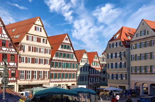 Marktplatz (market square) with stalls in Tübingen, Black forest, Germany