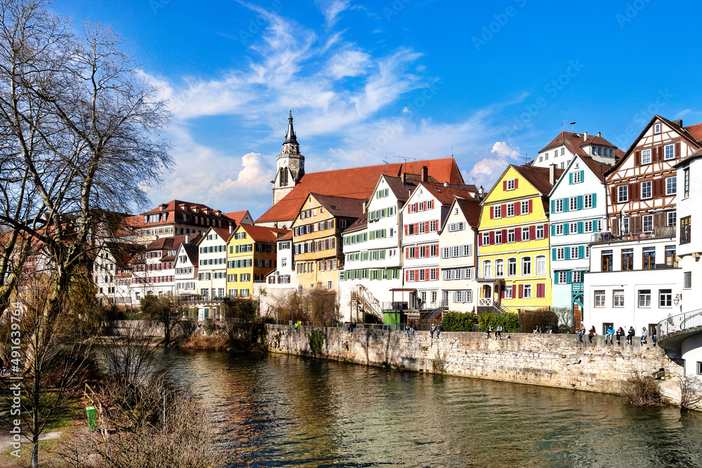 View of the Neckar and the idyllic city of Tübingen on a sunny day in spring , Black Forest, Germany