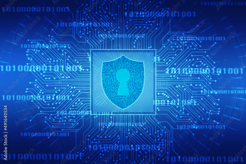 Obraz premium Protect and Security concept. Digital Shield on abstract technology background, Cyber security and information or network protection. Future technology web services for business and internet project