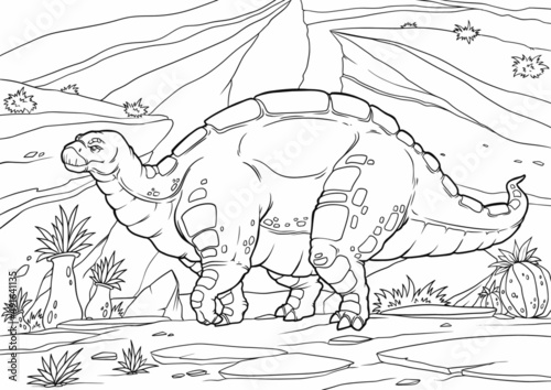

Coloring book for children with a dinosaur hand-painted in cartoon style