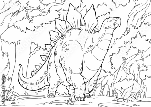 

Coloring book for children with a dinosaur hand-painted in cartoon style