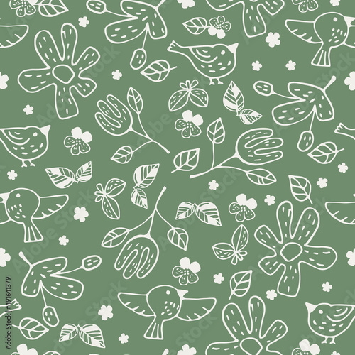 Flowers in flat style on a green background seamless. Greenery, leaves, natural herbal flowers and birds decorate vector collection for fabric project or design element.
