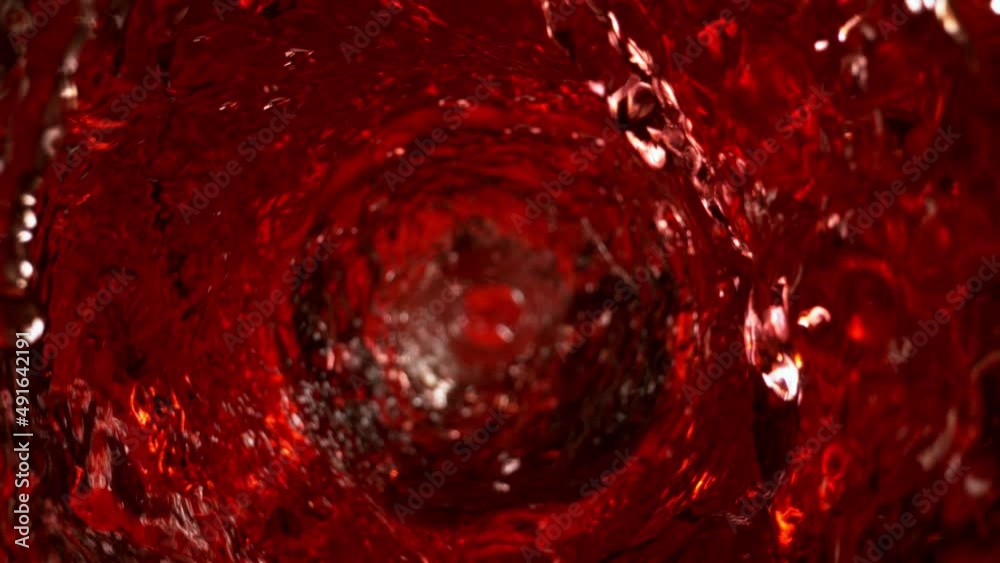 Super Slow Motion Shot of Red Wine Whirling in Glass Bottle at 1000fps.