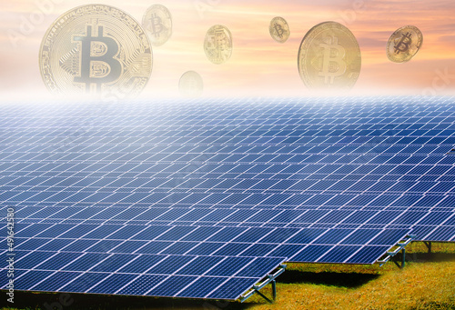 Large solar farms with bitcoins clean renewable energy from the sun, solar energy bitcoin mining concept