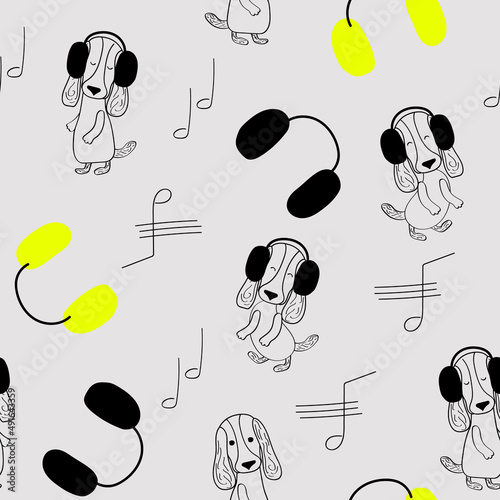 Photography Seamless pattern with cool dogs and music theme