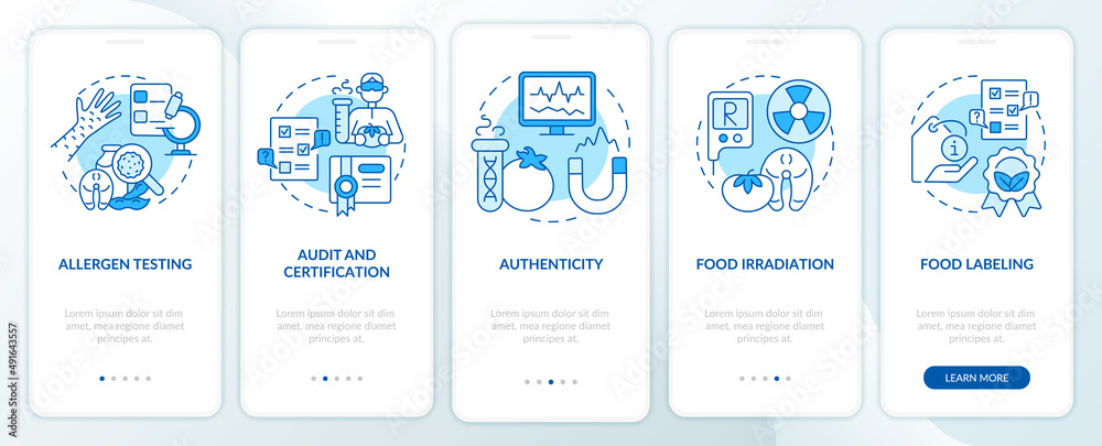 Analysis services blue onboarding mobile app screen. Authenticity walkthrough 5 steps graphic instructions pages with linear concepts. UI, UX, GUI template. Myriad Pro-Bold, Regular fonts used Analysis services blue onboarding mobile app screen. Authenticity walkthrough 5 steps graphic instructions pages with linear concepts. UI, UX, GUI template. Myriad Pro-Bold, Regular fonts used