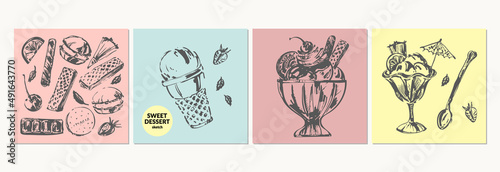 Hand drawn sweet dessert ink sketch of ice cream, cocktail, milk shake, chocolate, coffee drink