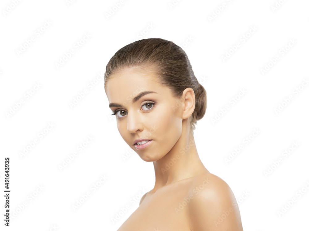 Studio portrait of a young, beautiful and healthy girl. Attractive female face isolated on white background. Studio portrait of a young, beautiful and healthy girl. Attractive female face isolated on white background.