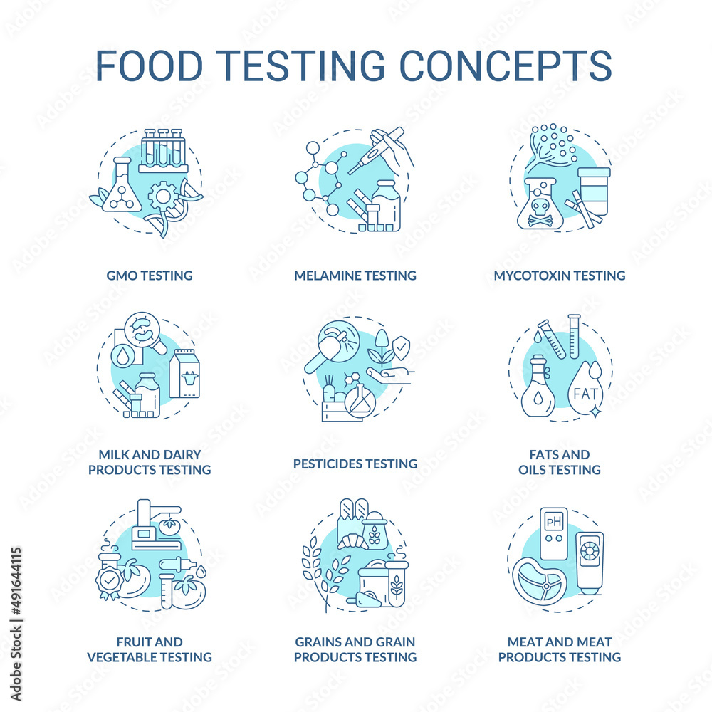 Food testing turquoise concept icons set. Performing experiments for analysis idea thin line color illustrations. Isolated symbols. Editable stroke. Roboto-Medium, Myriad Pro-Bold fonts used